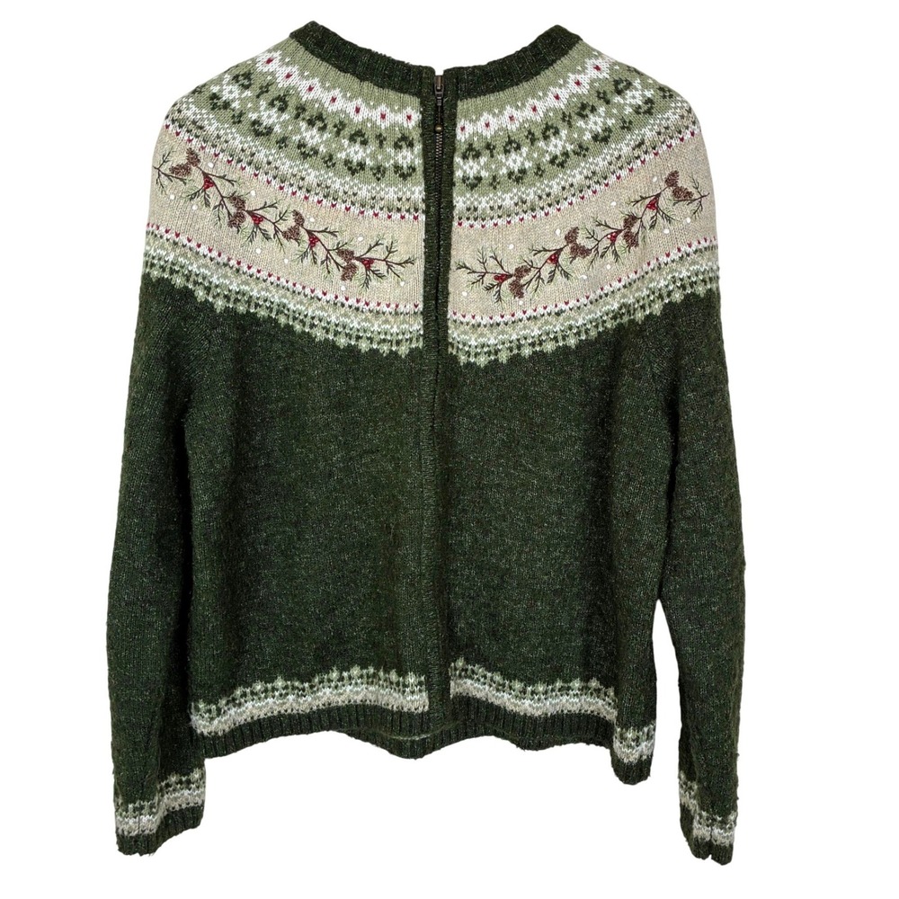 Vtg Cardigan XL Wool Silk Beaded Embroidered Fair Isle Nordic Cottage Cozy Zip